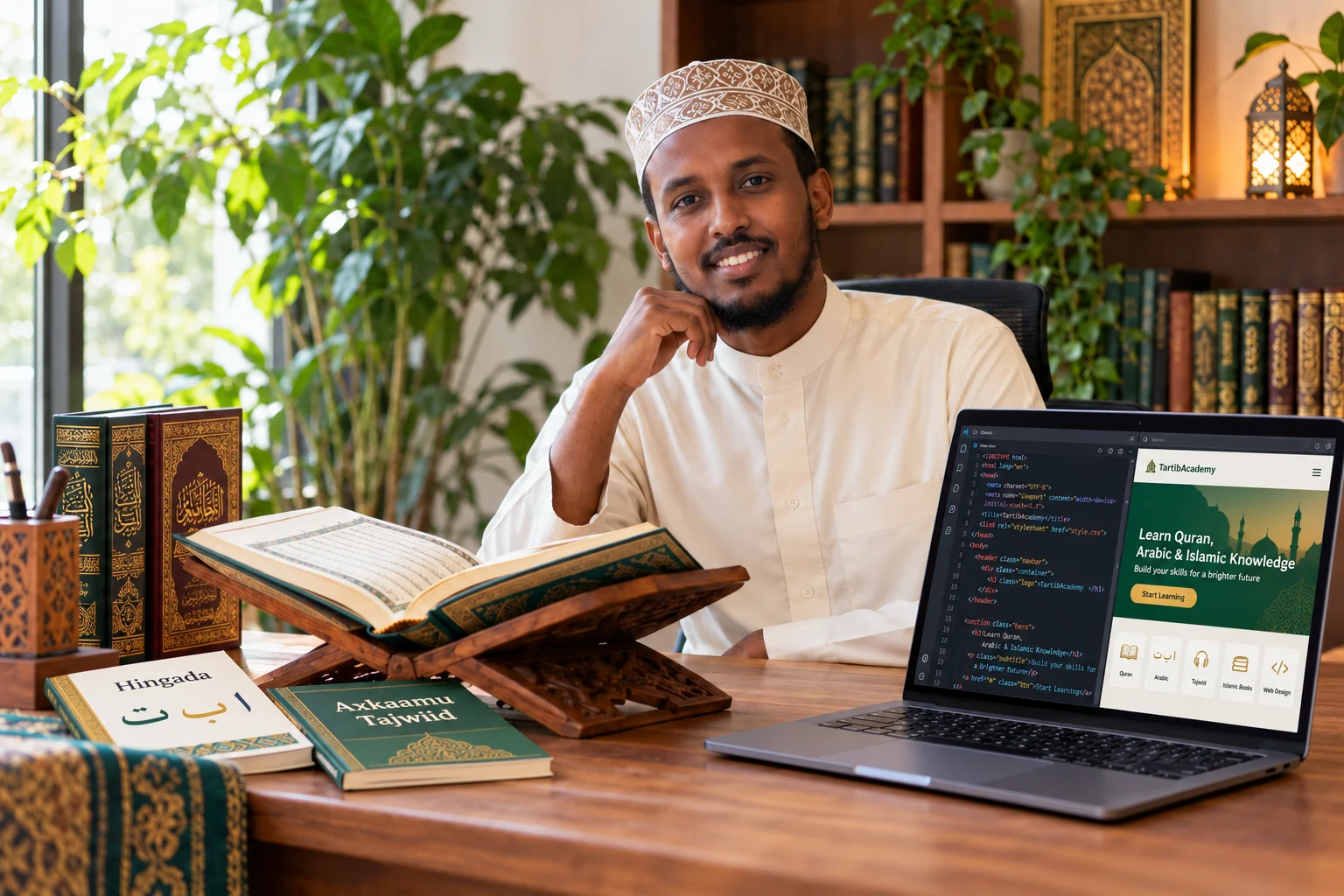 Macallin, Qur’aan, Hingada, kutubta Tajwiidka iyo laptop muujinaya coding iyo website la dhisayo.